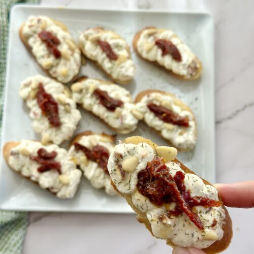 sun-dried tomato dill whipped feta crostini